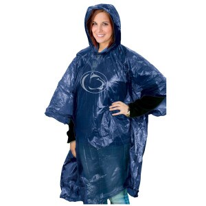 model wearing navy poncho with Penn State Athletic Logo